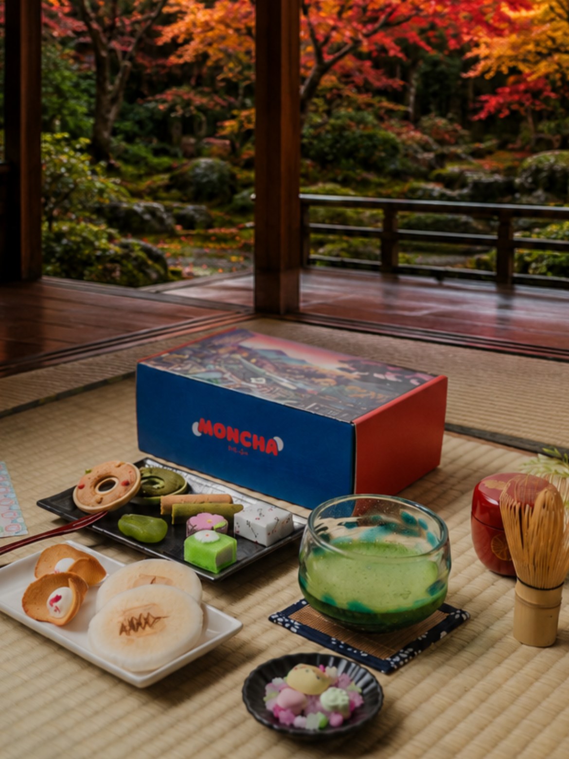 Kyoto box — matcha, wagashi and Japanese sweets on tatami