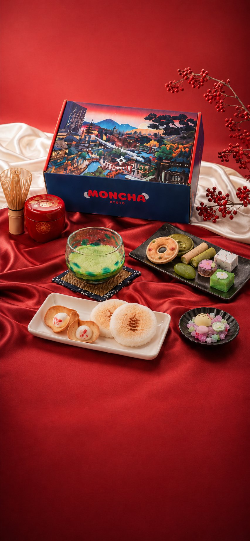Kyoto box — matcha, wagashi and Japanese sweets on red silk